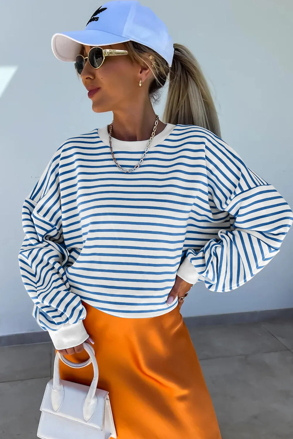 Blue Stripe Drop Shoulder Crew Neck Loose Sweatshirt sold by Beagle Boutique product image thumbnail 3