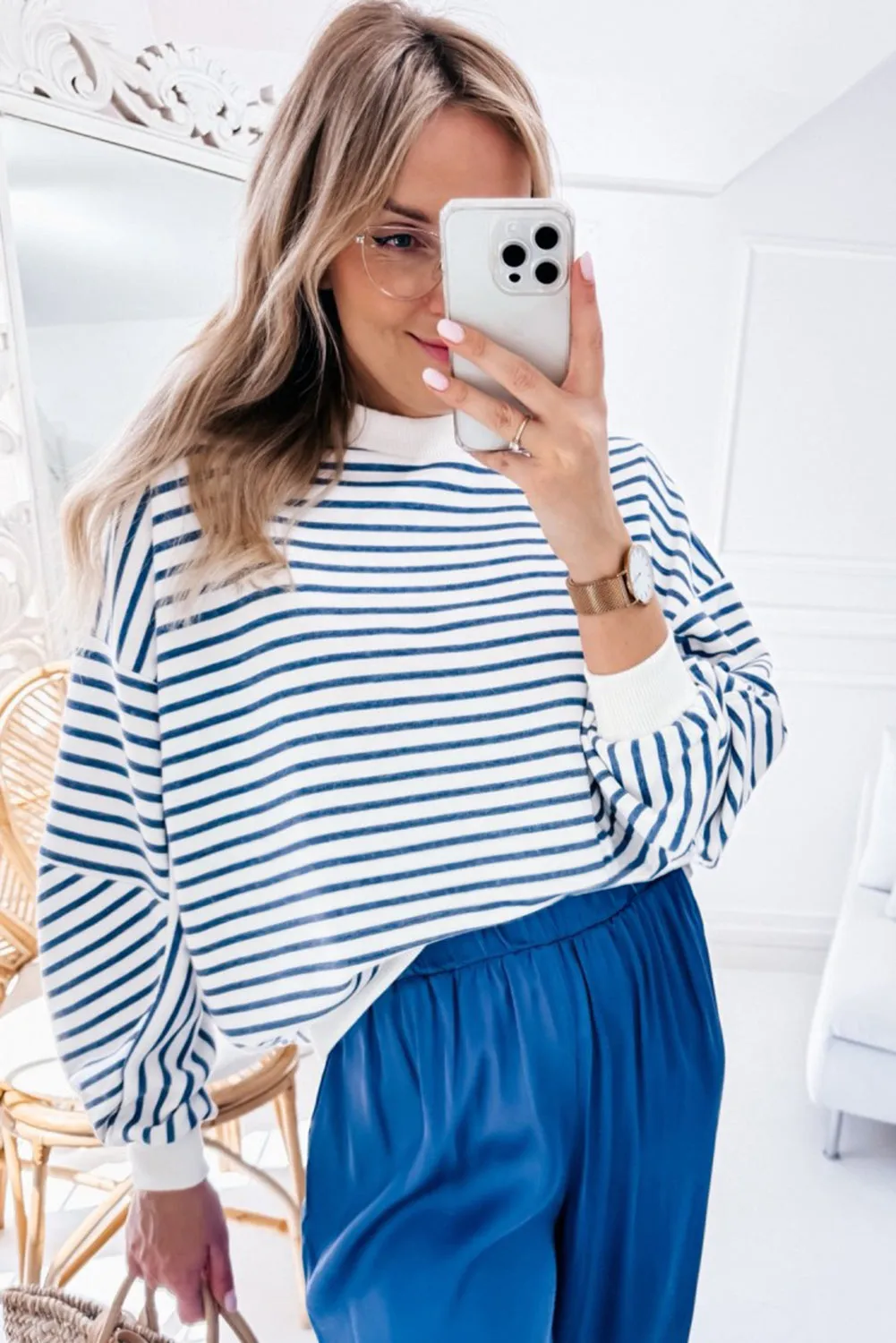 Blue Stripe Drop Shoulder Crew Neck Loose Sweatshirt sold by Beagle Boutique product image thumbnail 5