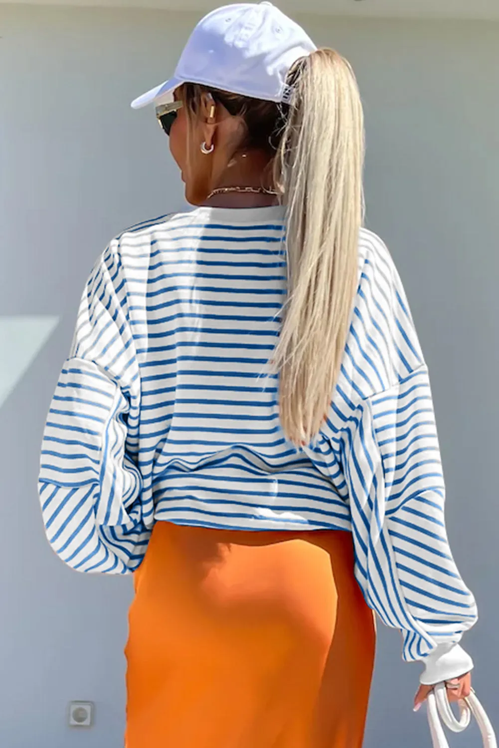 Blue Stripe Drop Shoulder Crew Neck Loose Sweatshirt sold by Beagle Boutique product image thumbnail 2