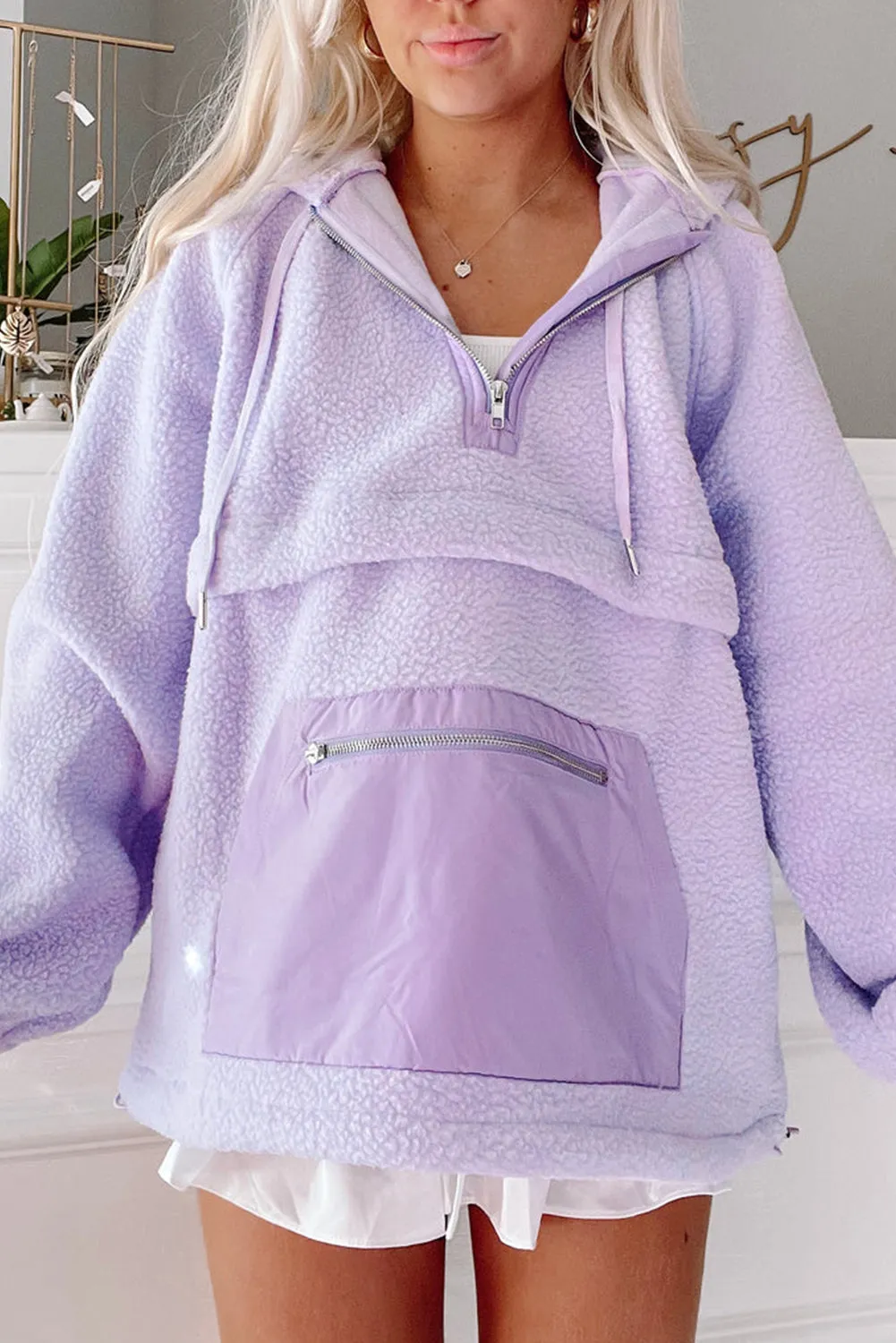 Lavendula Zipped Patch Pocket Fuzzy Drawstring Hoodie sold by Beagle Boutique product image thumbnail 3