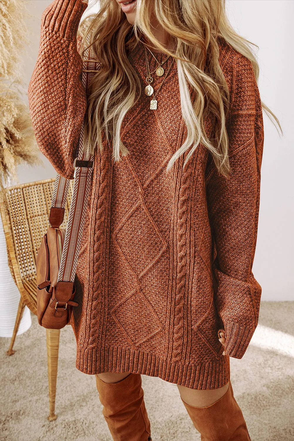 Cable Knit Drop Shoulder Loose Fit Sweater Dress sold by Beagle Boutique
