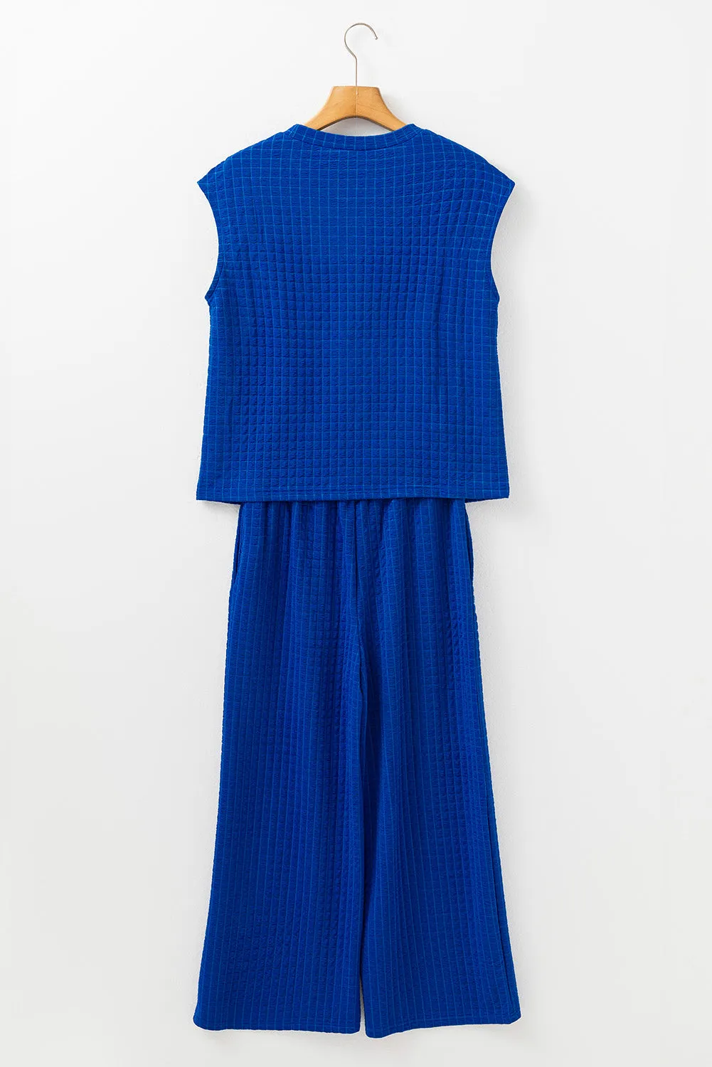 Sky Blue Textured Knit Cap Sleeve T Shirt and Wide Leg Trousers Set sold by Beagle Boutique product image thumbnail 5