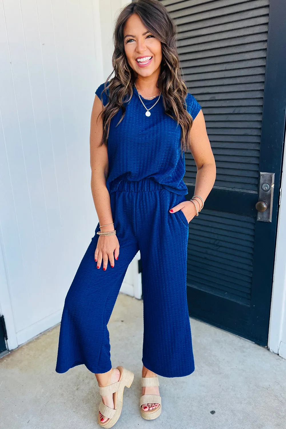 Sky Blue Textured Knit Cap Sleeve T Shirt and Wide Leg Trousers Set sold by Beagle Boutique product image thumbnail 3