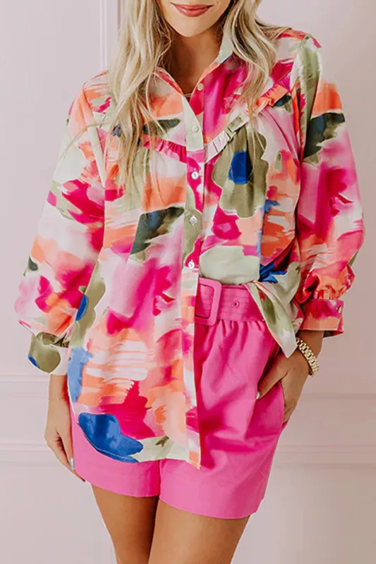 Rose Abstract Print Ruffled Puff Sleeve Shirt sold by Beagle Boutique