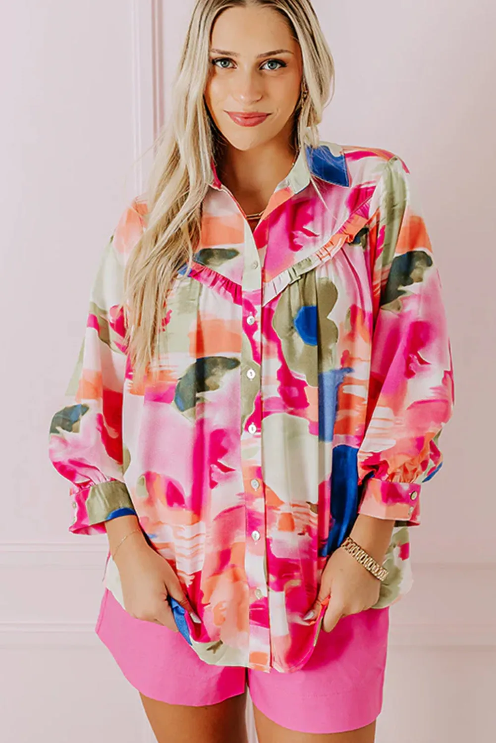 Rose Abstract Print Ruffled Puff Sleeve Shirt sold by Beagle Boutique product image thumbnail 5