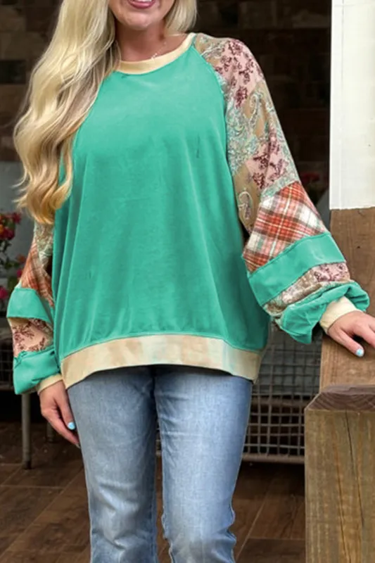Sky Blue Plus Size Plaid Floral Patchwork Raglan Sleeve Sweatshirt sold by Beagle Boutique