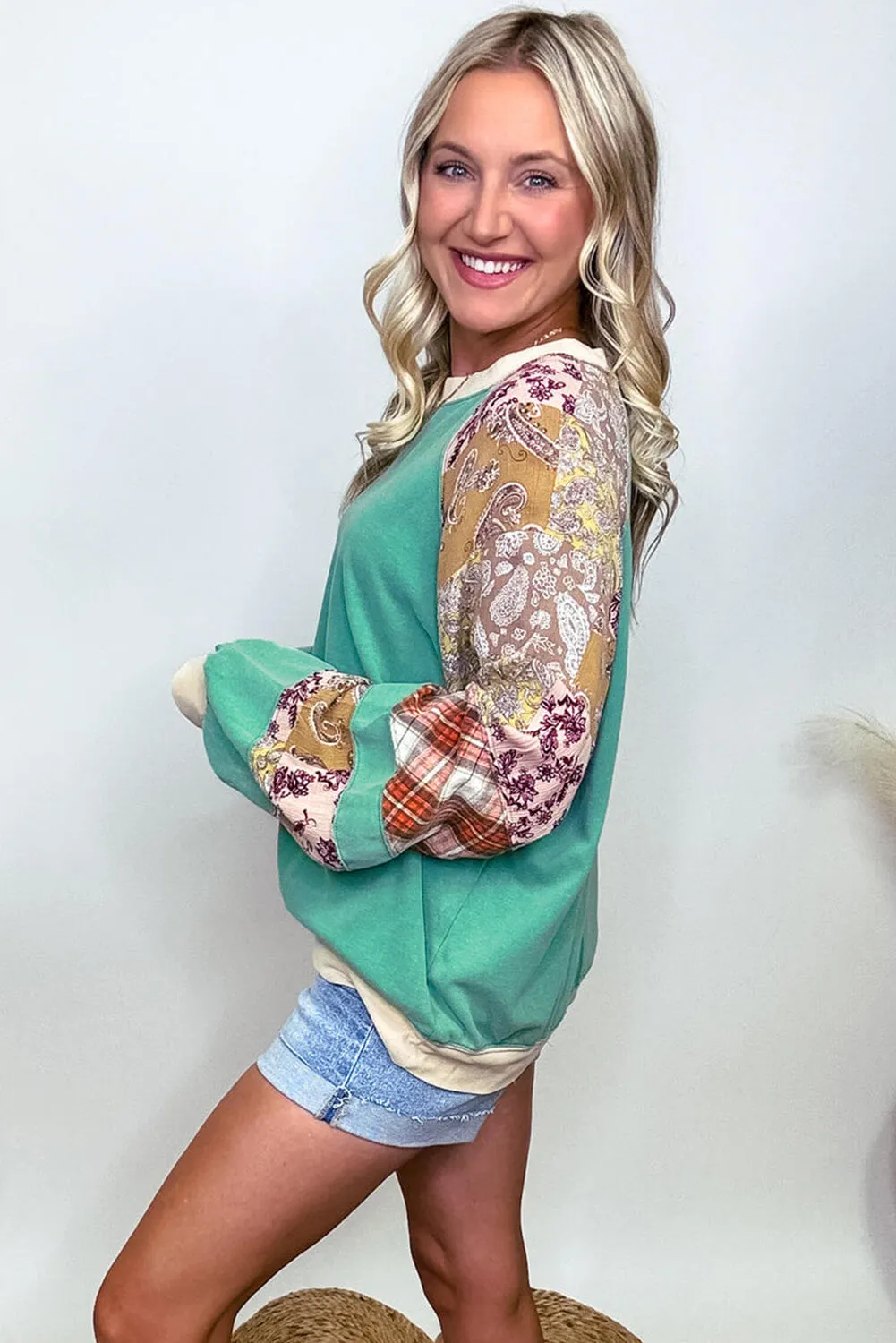 Sky Blue Plus Size Plaid Floral Patchwork Raglan Sleeve Sweatshirt sold by Beagle Boutique product image thumbnail 3