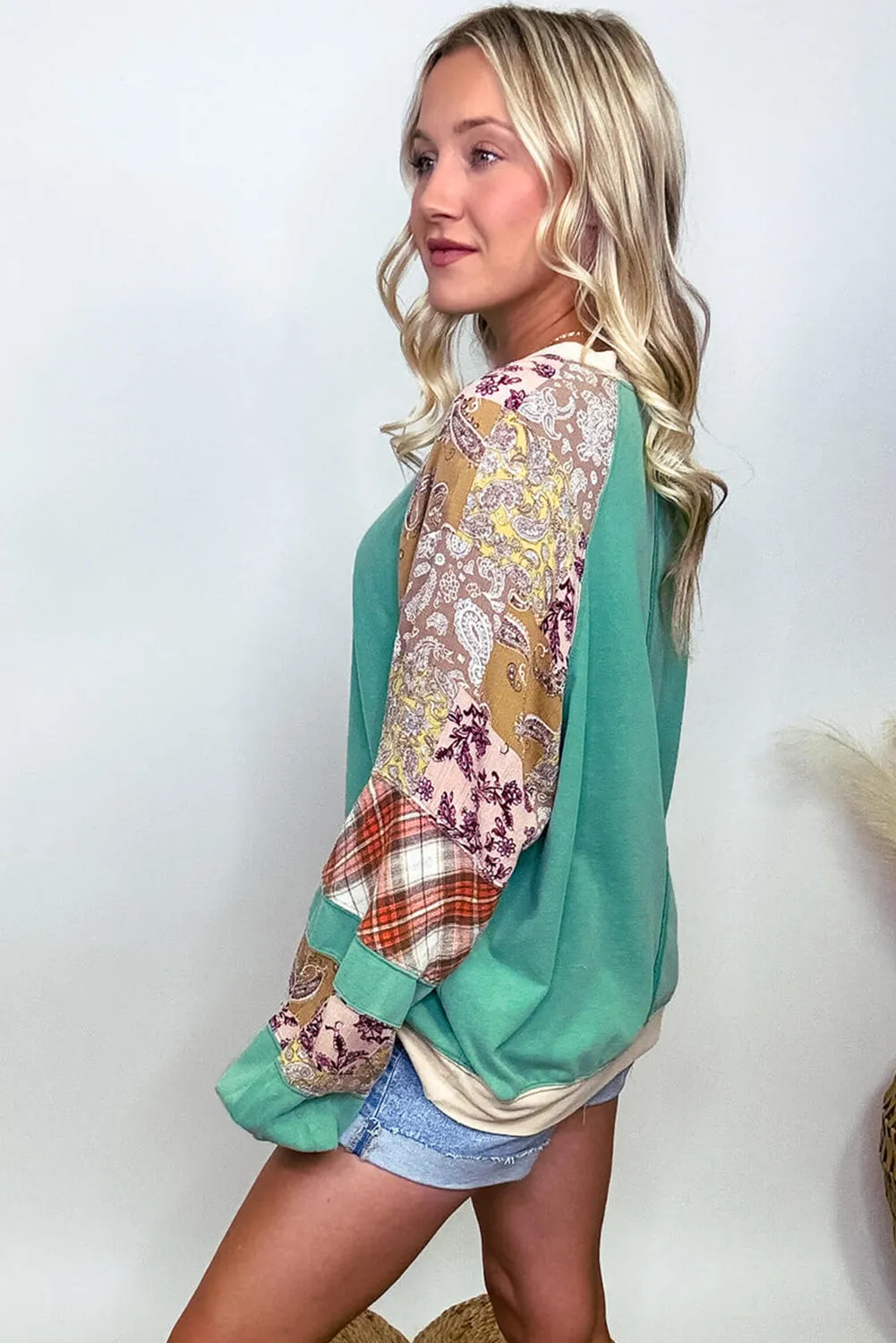 Sky Blue Plus Size Plaid Floral Patchwork Raglan Sleeve Sweatshirt sold by Beagle Boutique product image thumbnail 2