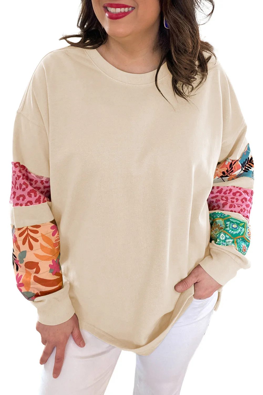 Beige Plus Size Printed Patchwork Sleeve Split Sweatshirt sold by Beagle Boutique product image thumbnail 5