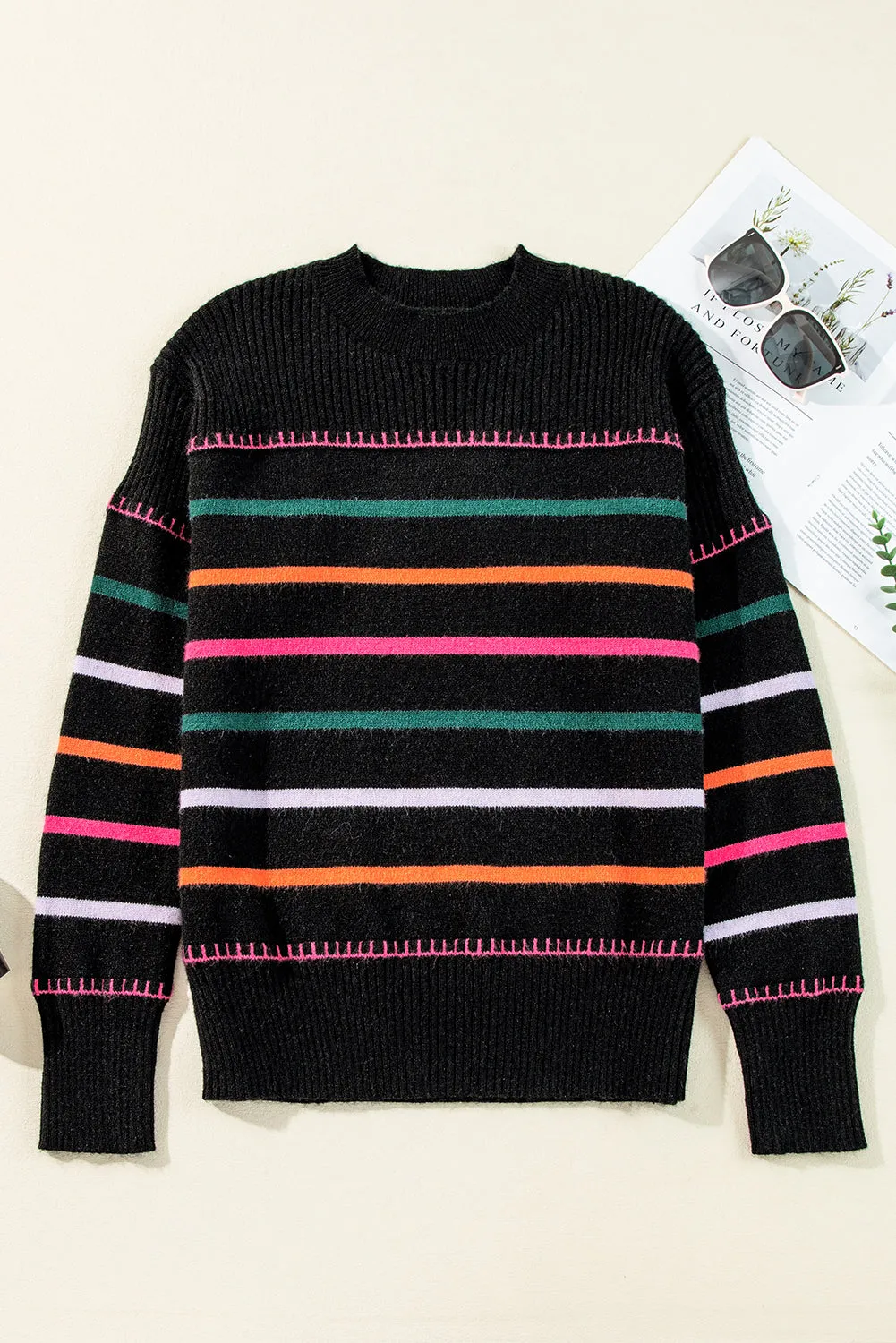 Black Colorful Striped Ribbed Trim Sweater sold by Beagle Boutique product image thumbnail 4