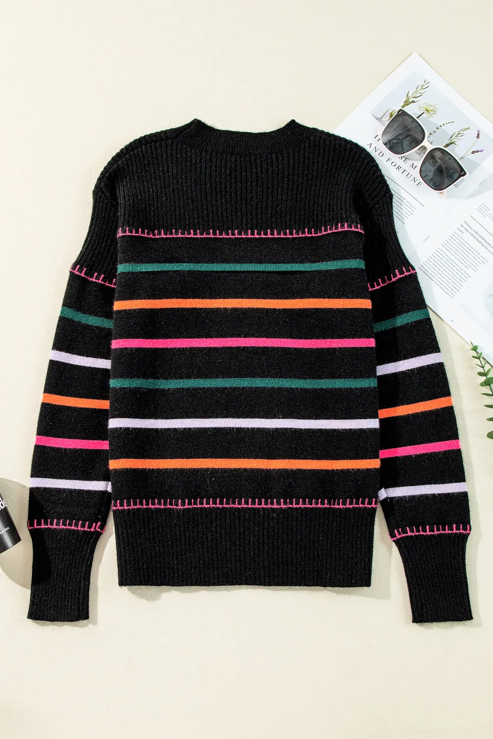 Black Colorful Striped Ribbed Trim Sweater sold by Beagle Boutique product image thumbnail 5