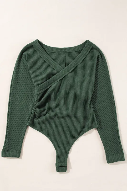 Blackish Green Waffle Knit Slim Fit Wrap V Neck Bodysuit sold by Beagle Boutique