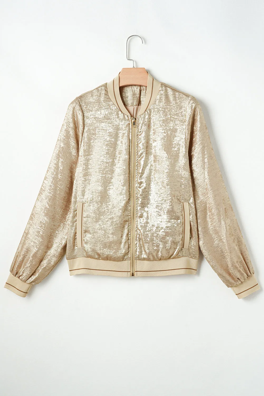 Pale Khaki Metallic Zip up Baseball Jacket sold by Beagle Boutique product image thumbnail 5