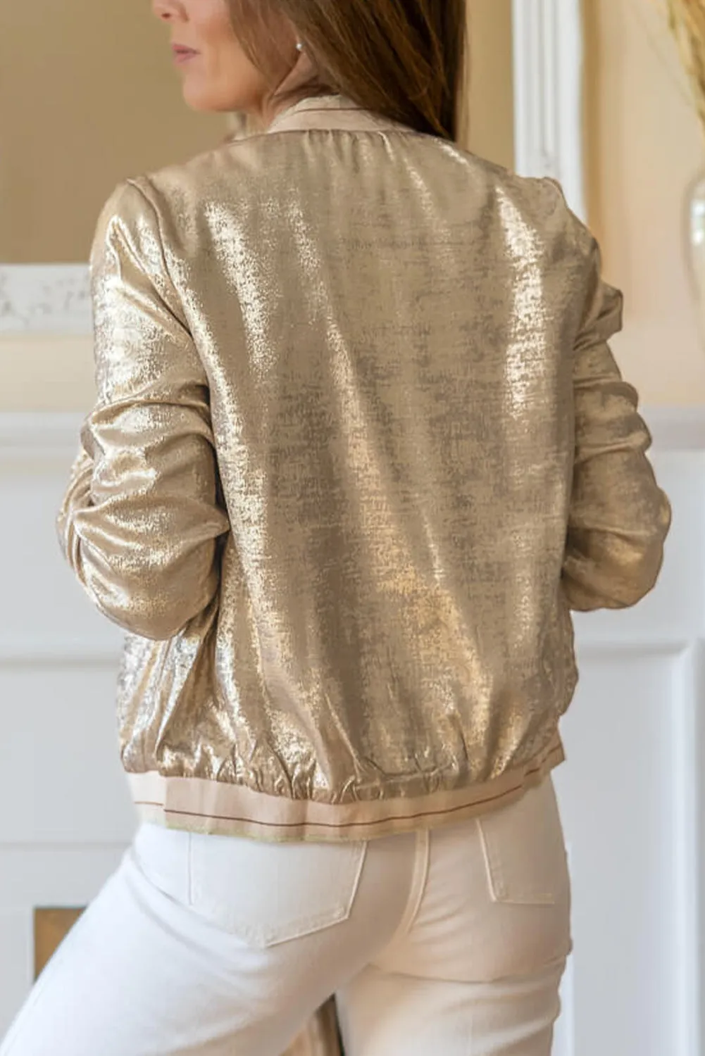 Pale Khaki Metallic Zip up Baseball Jacket sold by Beagle Boutique product image thumbnail 2