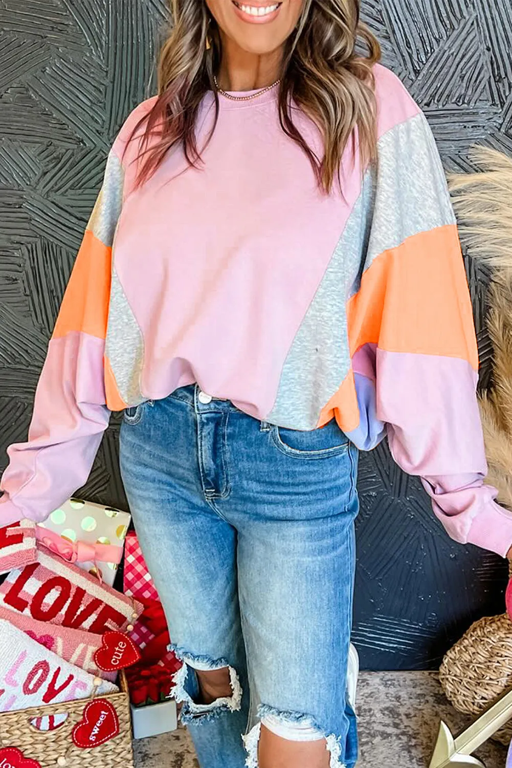 Light Pink Color Block Batwing Sleeve Loose Fit Sweatshirt sold by Beagle Boutique product image thumbnail 3
