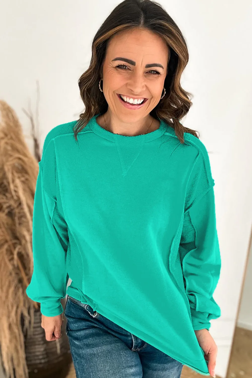 Mint Green Splicing Round Neck Pullover Sweatshirt sold by Beagle Boutique product image thumbnail 2