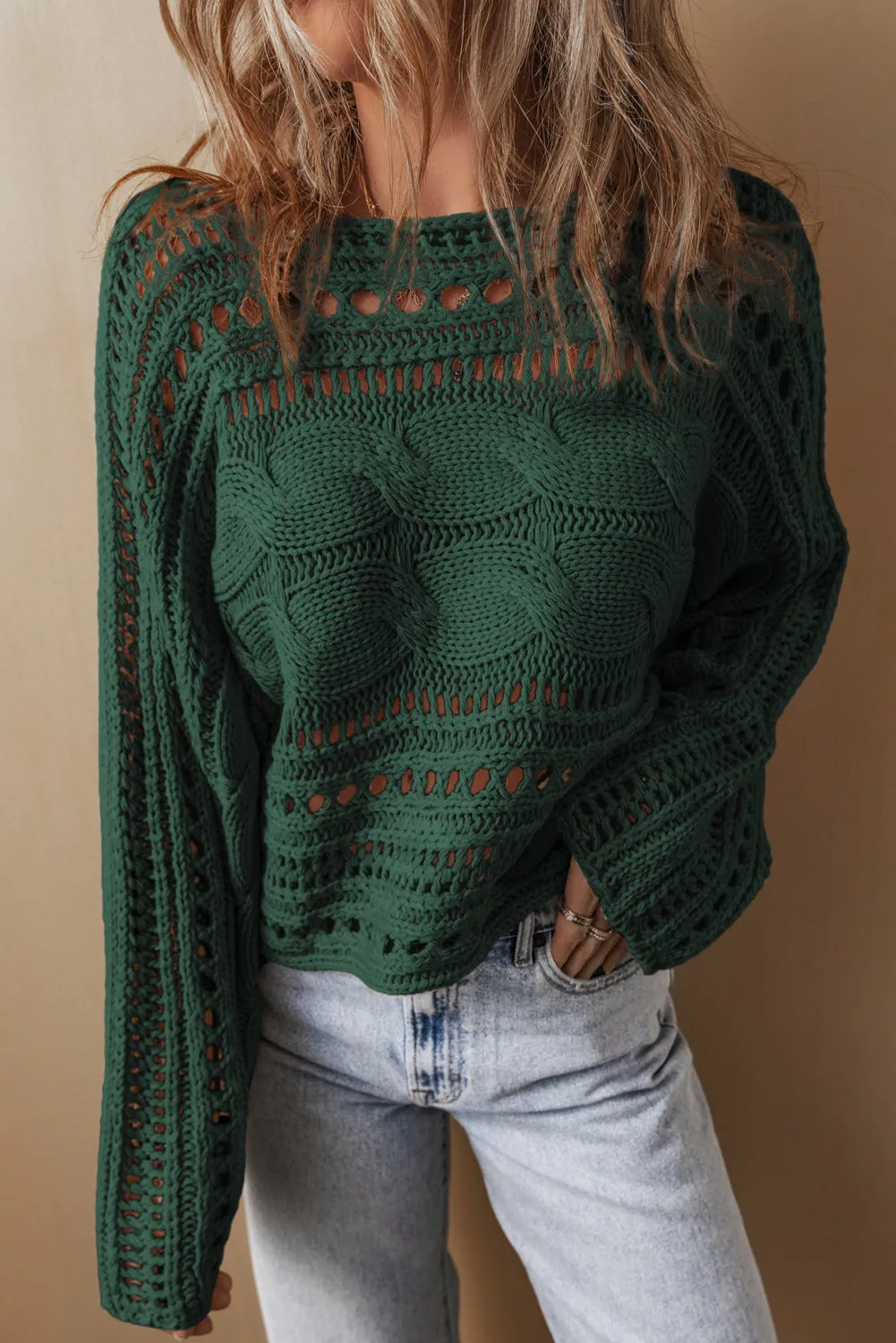 Blackish Green Hollow-out Cable Knit Cropped Sweater sold by Beagle Boutique product image thumbnail 3