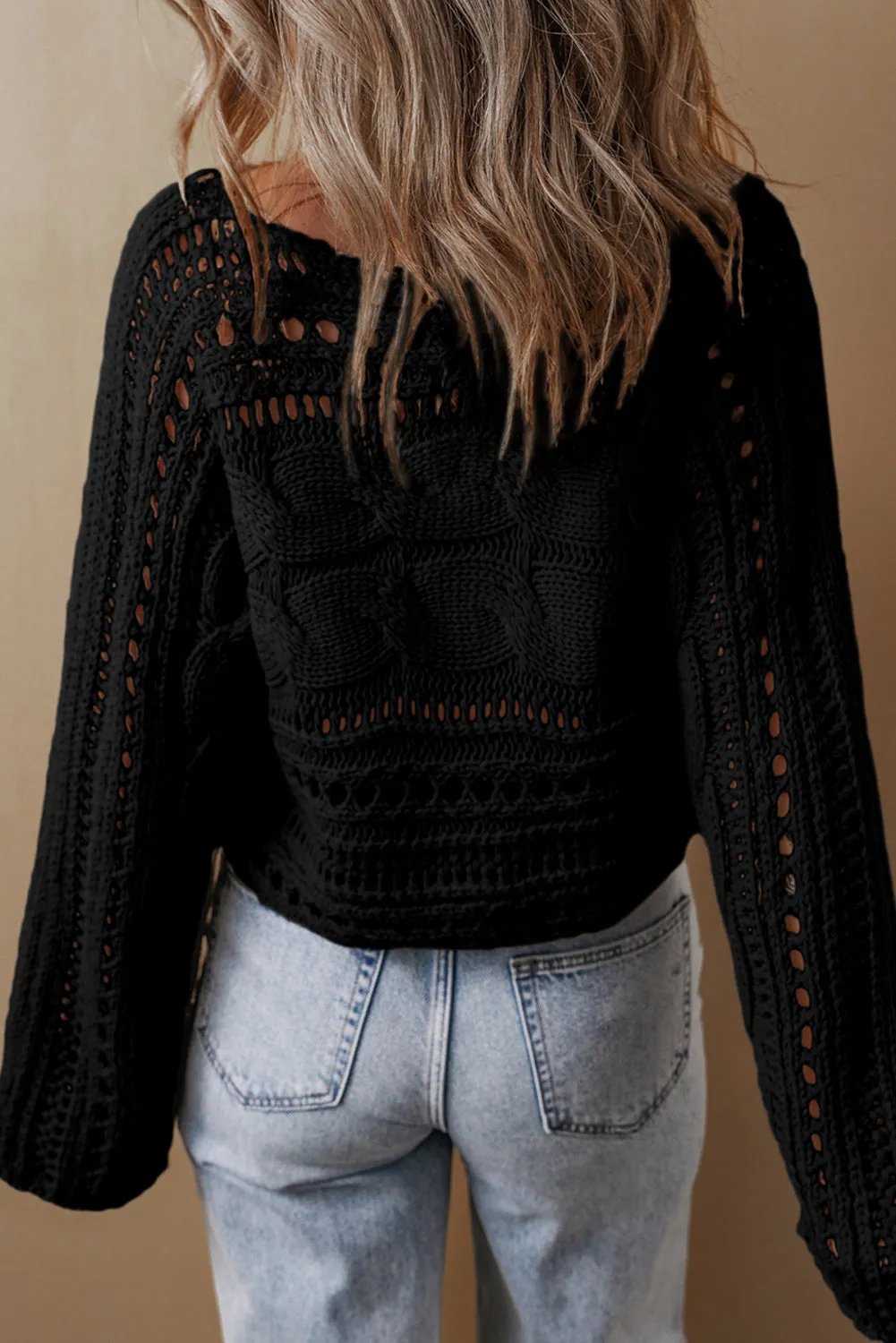 Blackish Green Hollow-out Cable Knit Cropped Sweater sold by Beagle Boutique product image thumbnail 5