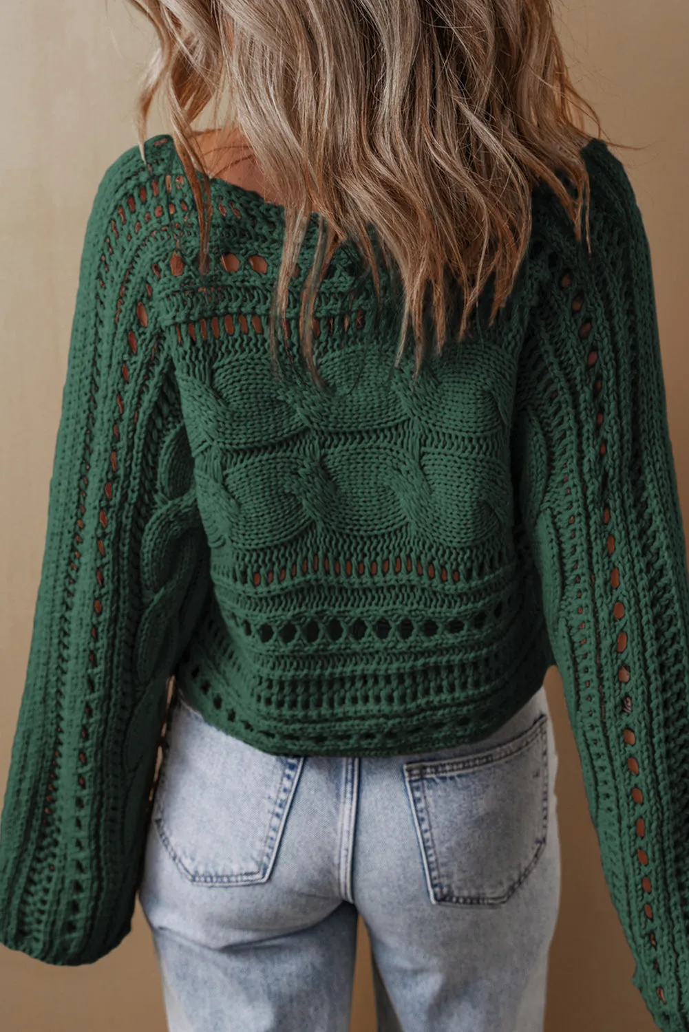 Blackish Green Hollow-out Cable Knit Cropped Sweater sold by Beagle Boutique product image thumbnail 2
