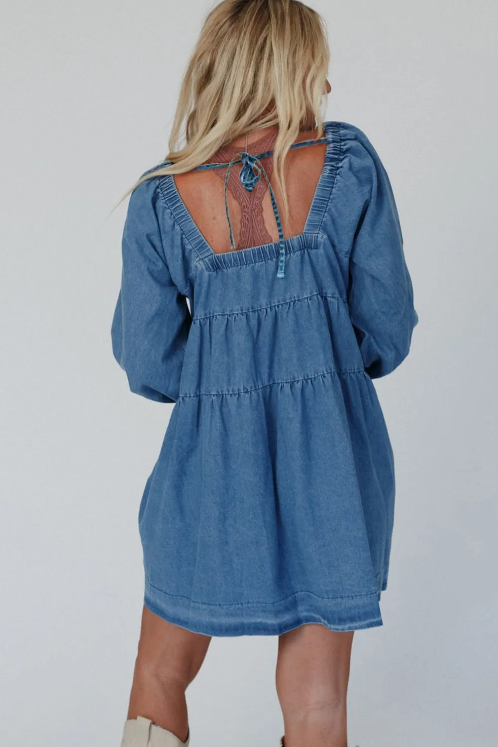 Dusk Blue Square Neck Side Pockets Loose Fit Denim Mini Dress sold by Beagle Boutique product image thumbnail 2