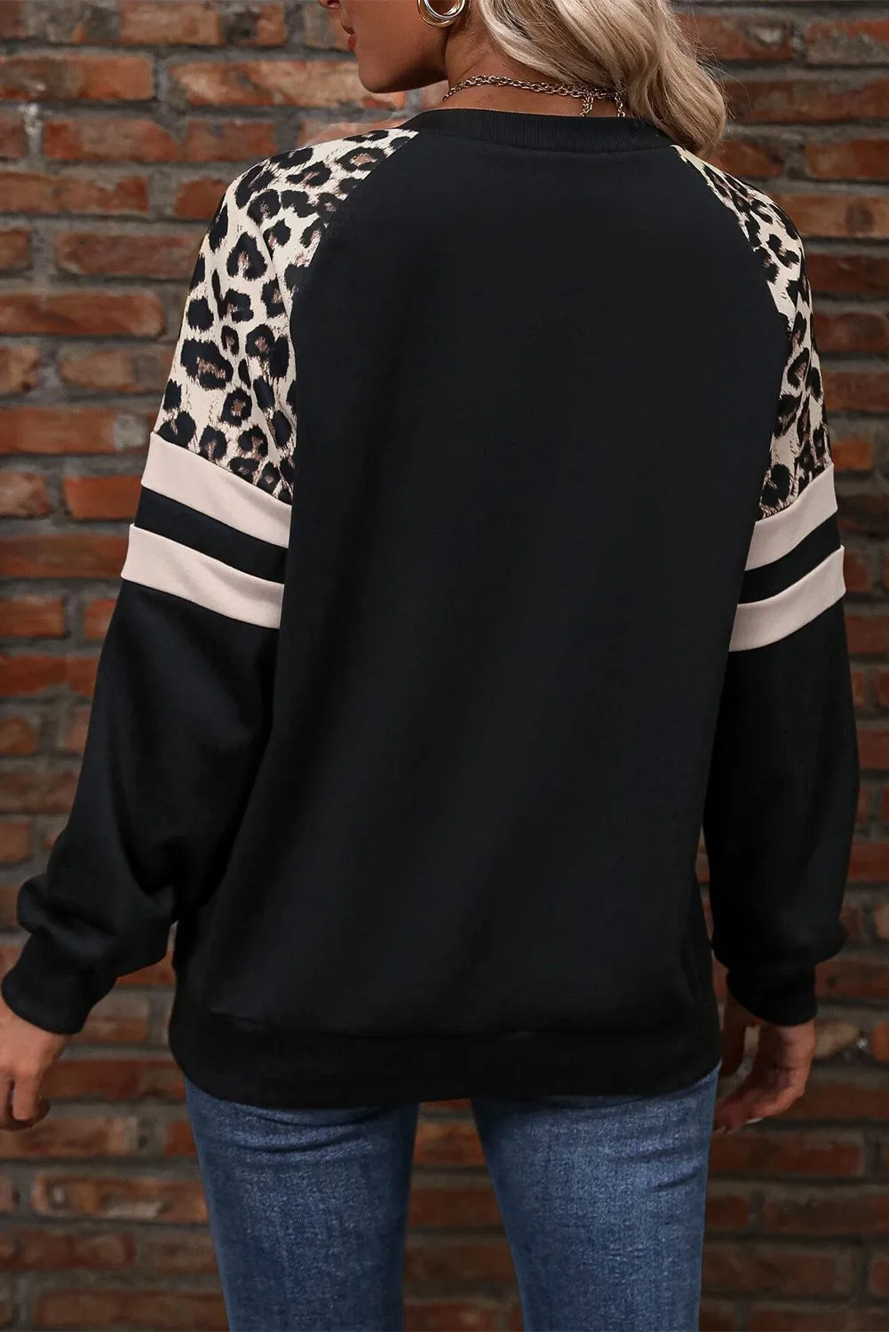Black Leopard Print Colorblock Raglan Sleeve Sweatshirt sold by Beagle Boutique product image thumbnail 2