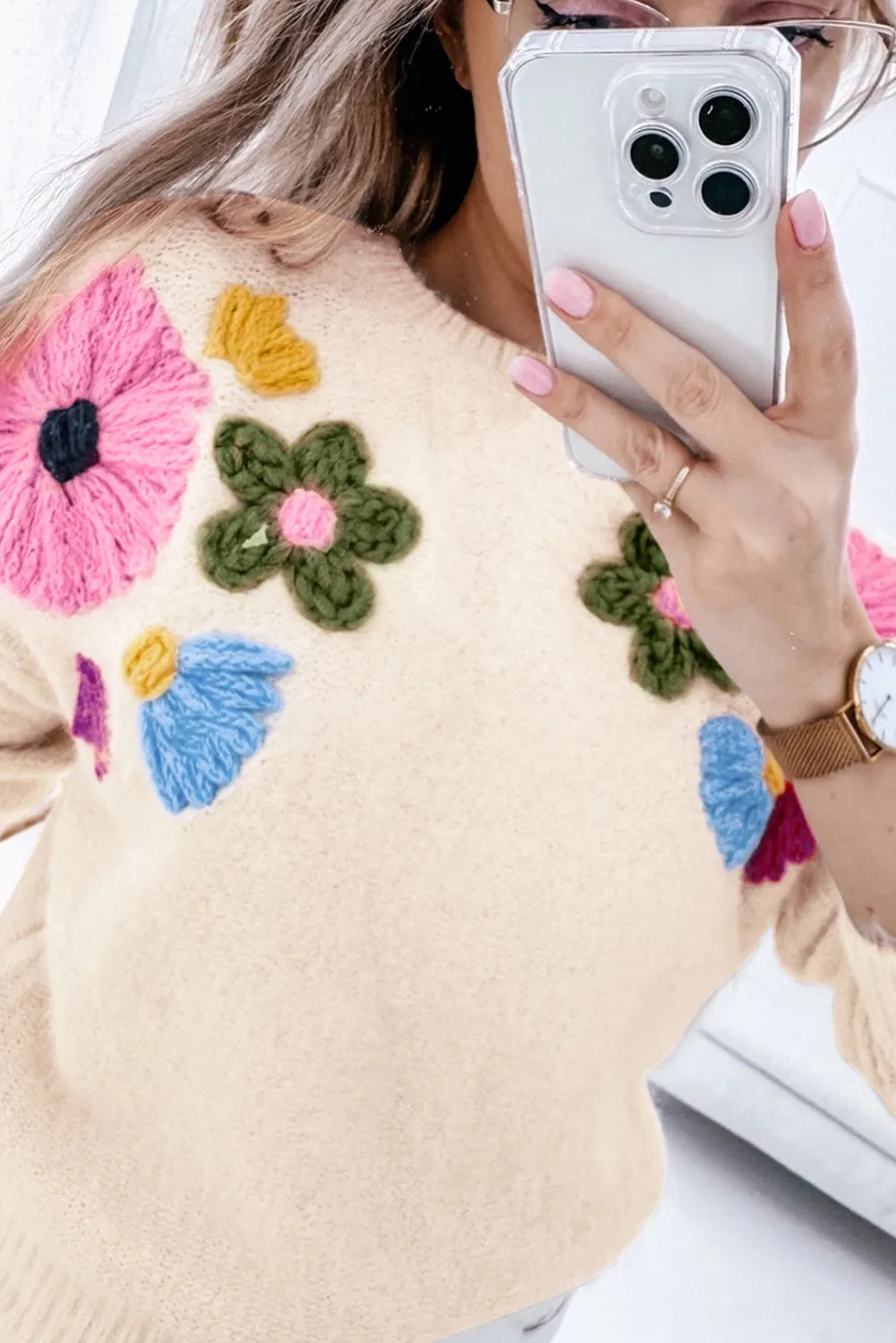 Beige Plus Size Crochet Flower Pullover Sweater sold by Beagle Boutique product image thumbnail 2
