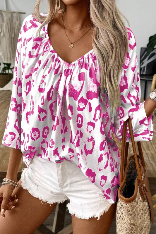 Leopard Print Ruched V Neck 3/4 Sleeve Blouse sold by Beagle Boutique
