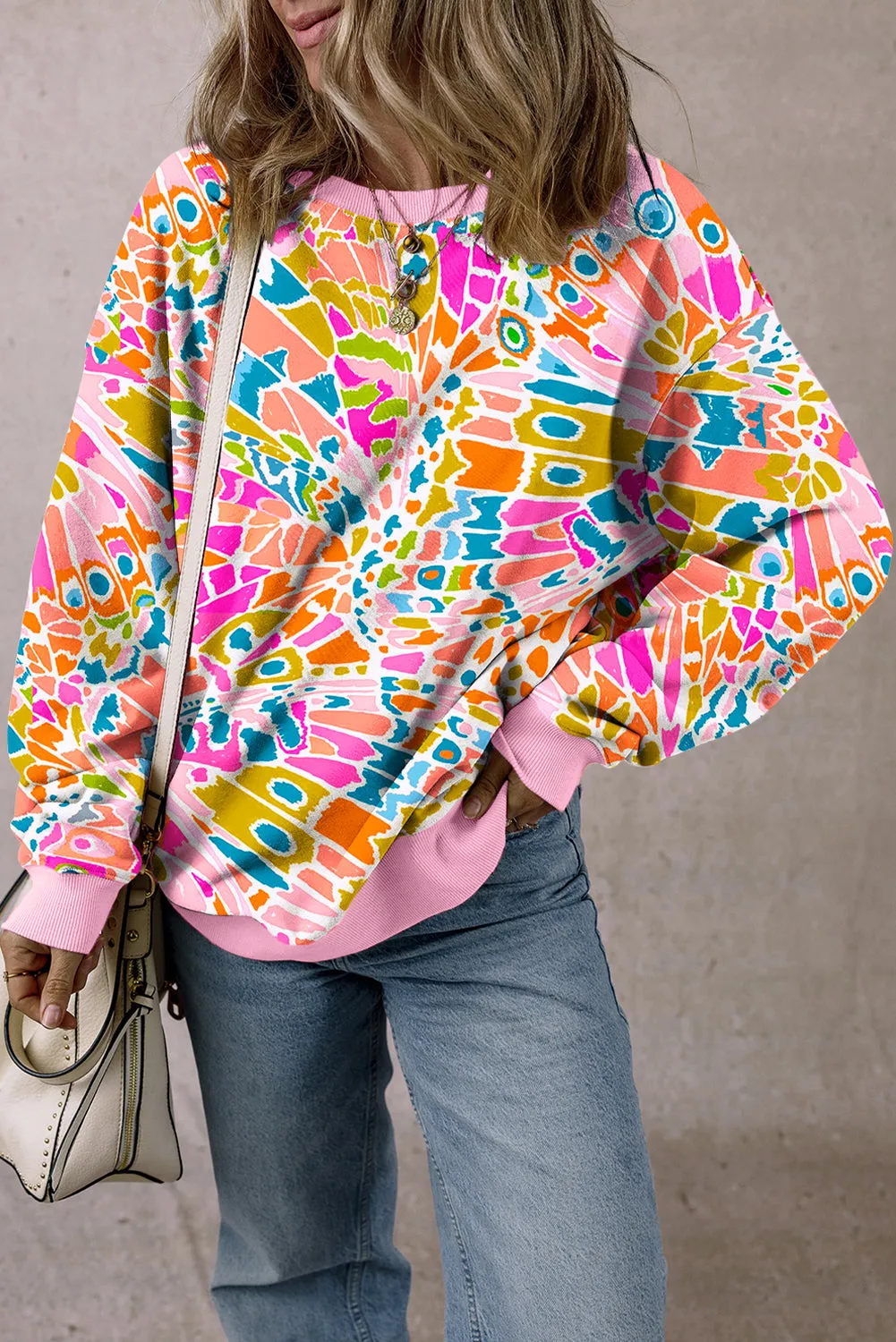 Pink Abstract Printed Drop Shoulder Loose Sweatshirt sold by Beagle Boutique product image thumbnail 4