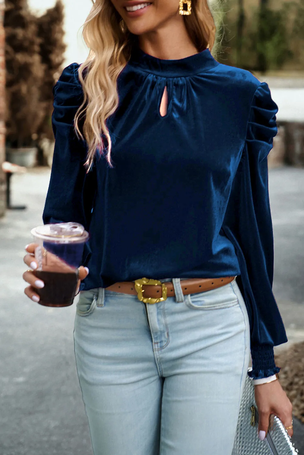 Sky Blue Fiery Mock Neck Puff Sleeve Velvet Blouse sold by Beagle Boutique product image thumbnail 3