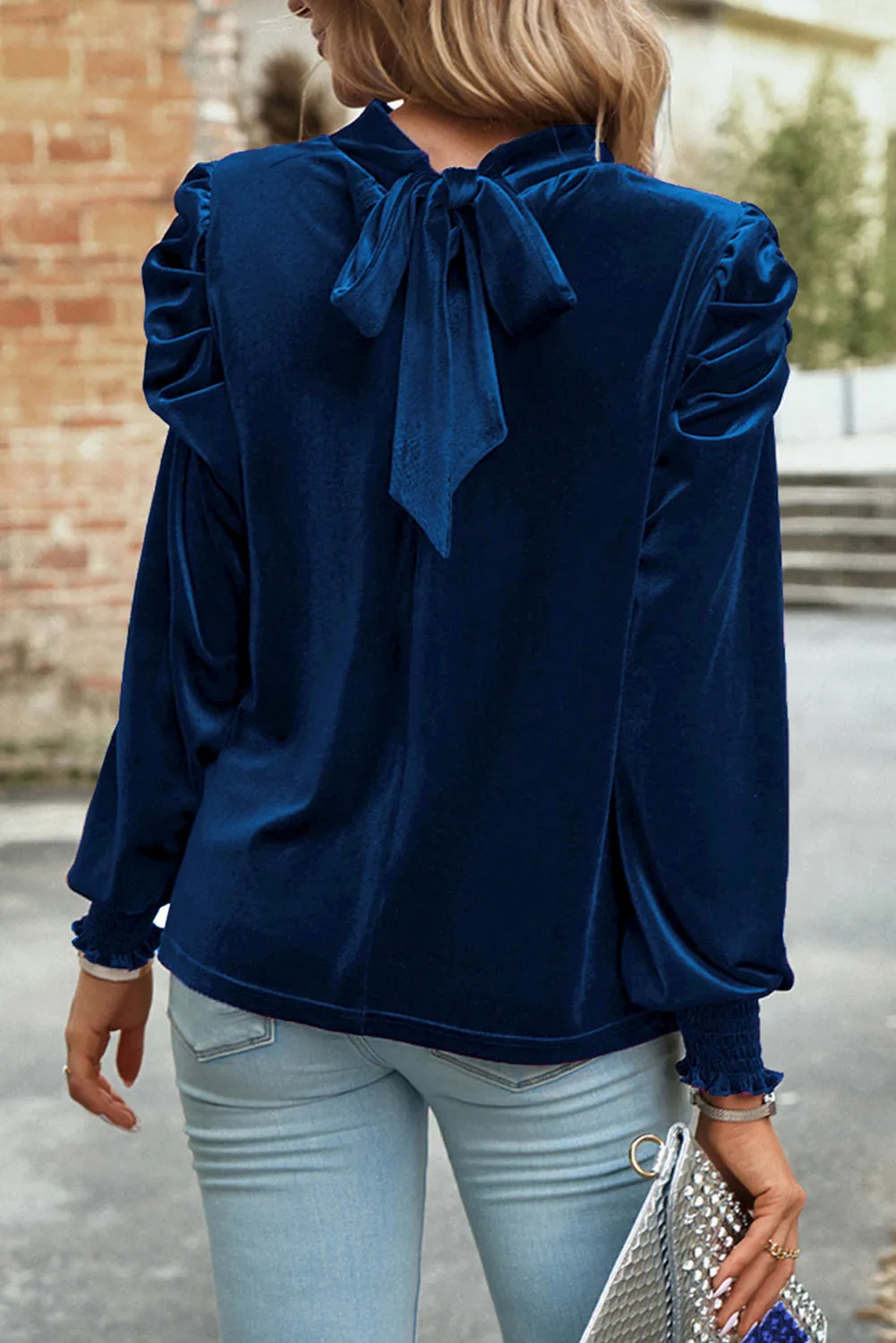 Sky Blue Fiery Mock Neck Puff Sleeve Velvet Blouse sold by Beagle Boutique product image thumbnail 2