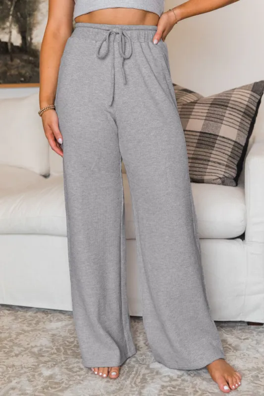 Grey Waffle Knit Drawstring High Waist Wide Leg Trousers sold by Beagle Boutique