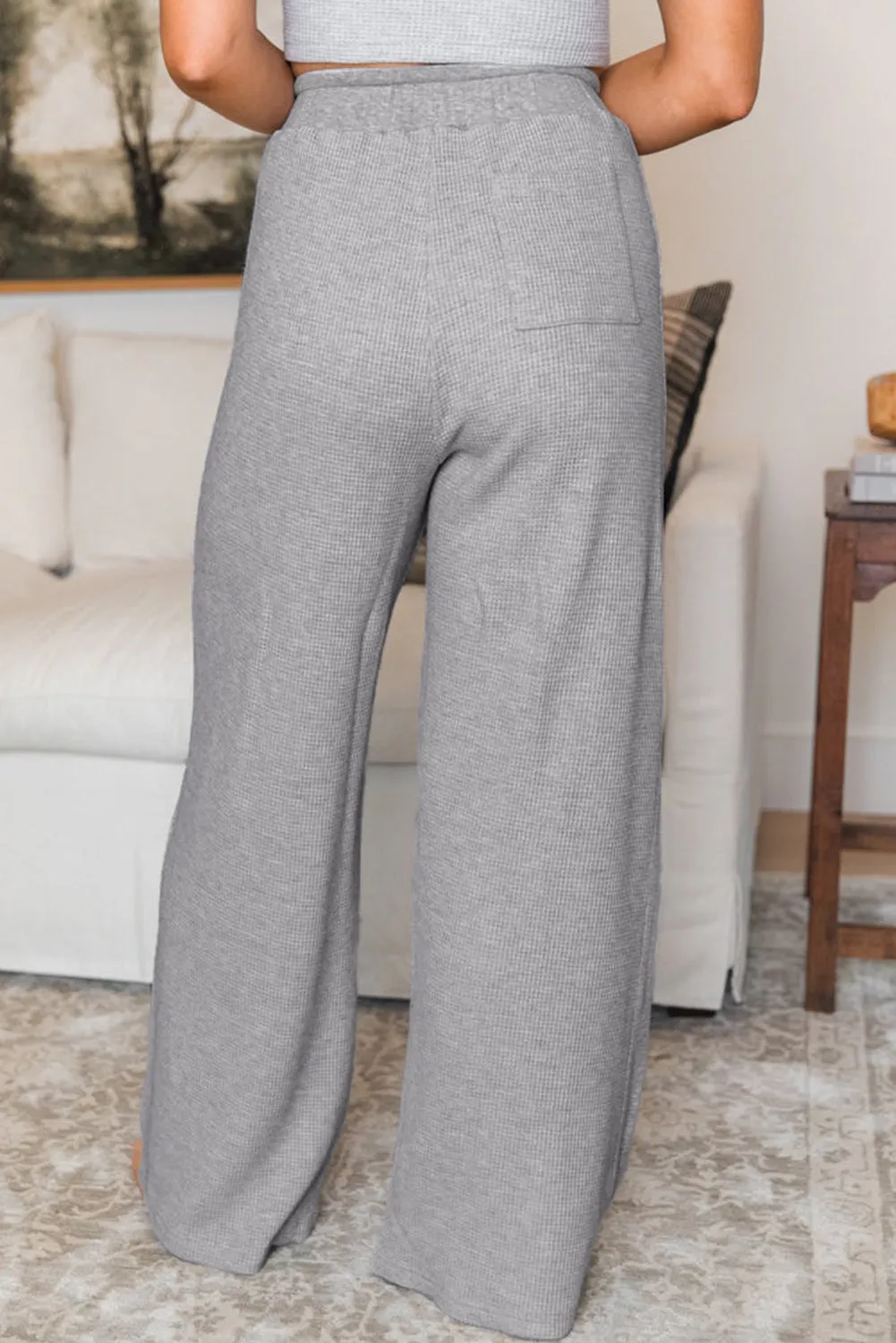 Grey Waffle Knit Drawstring High Waist Wide Leg Trousers sold by Beagle Boutique product image thumbnail 2