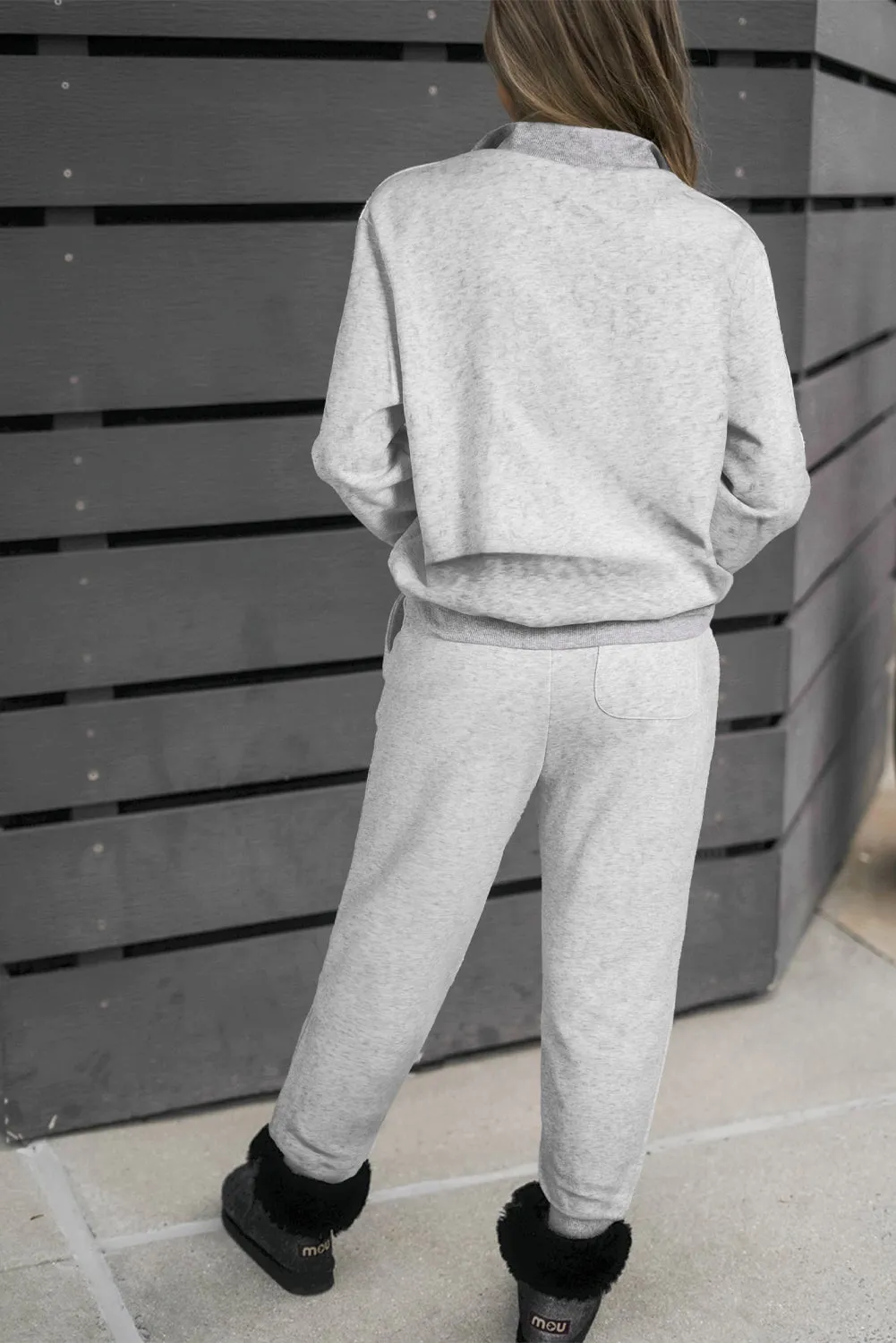Light Grey Solid Zip Pullover Top and Drawstring Joggers Set sold by Beagle Boutique product image thumbnail 2
