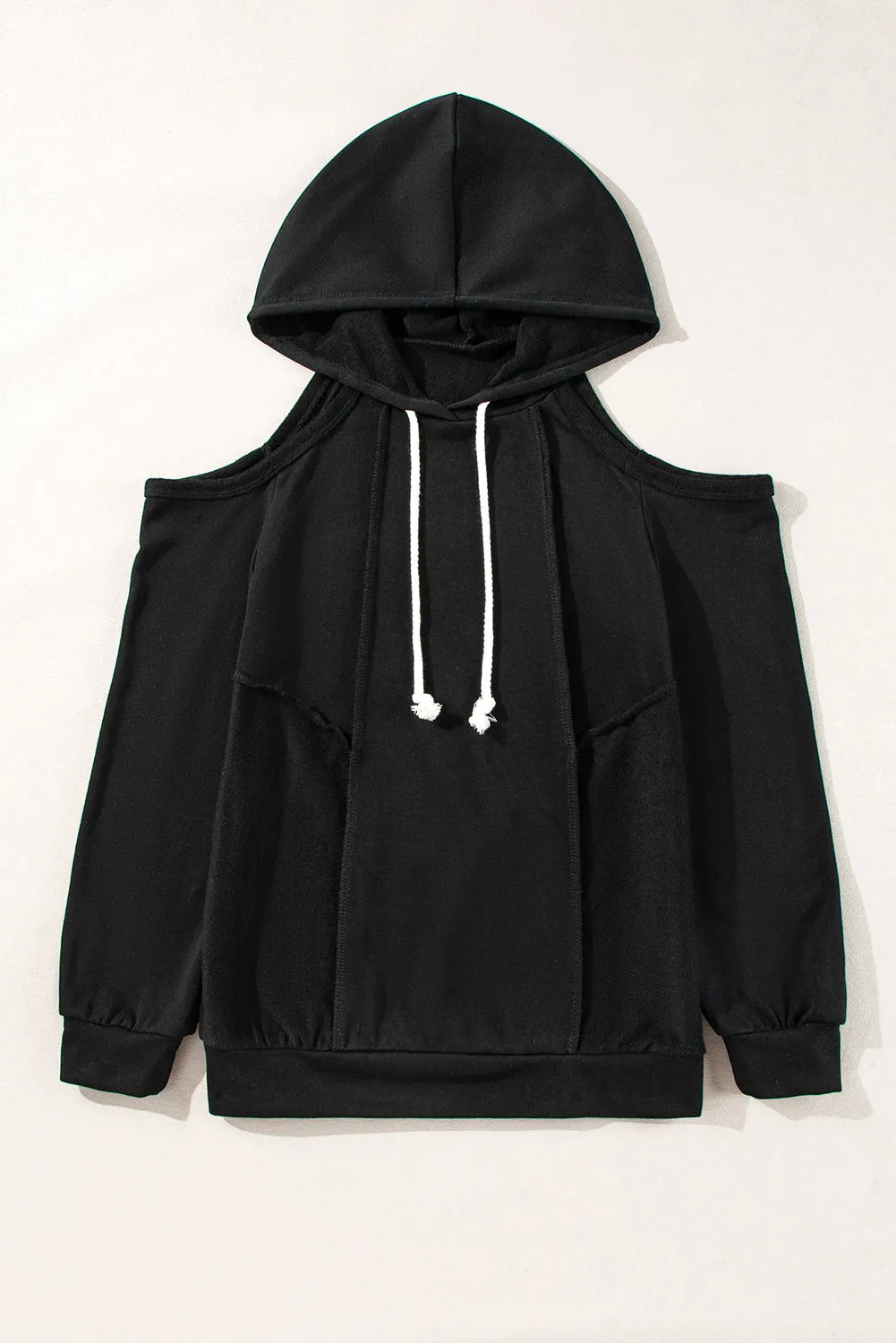 Black Exposed Seam Cold Shoulder Drawstring Hoodie sold by Beagle Boutique product image thumbnail 4