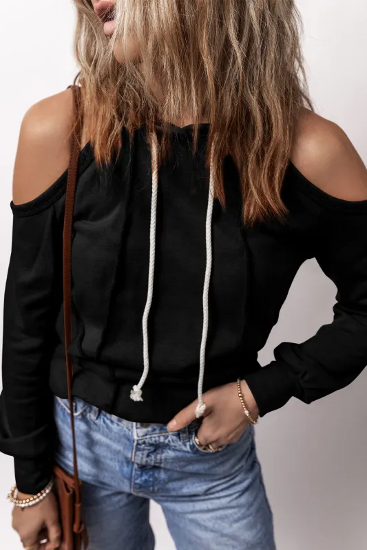 Black Exposed Seam Cold Shoulder Drawstring Hoodie sold by Beagle Boutique