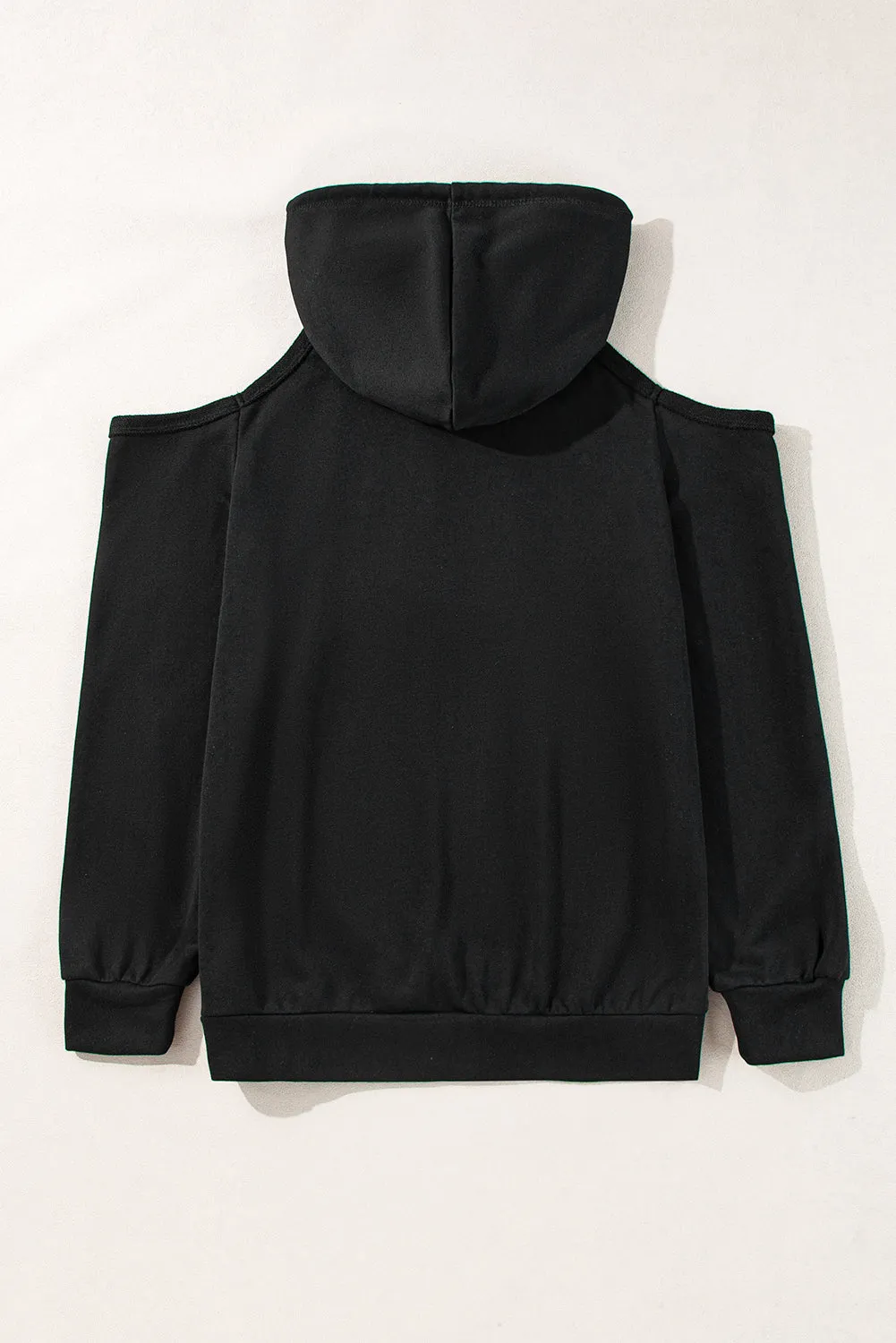 Black Exposed Seam Cold Shoulder Drawstring Hoodie sold by Beagle Boutique product image thumbnail 5