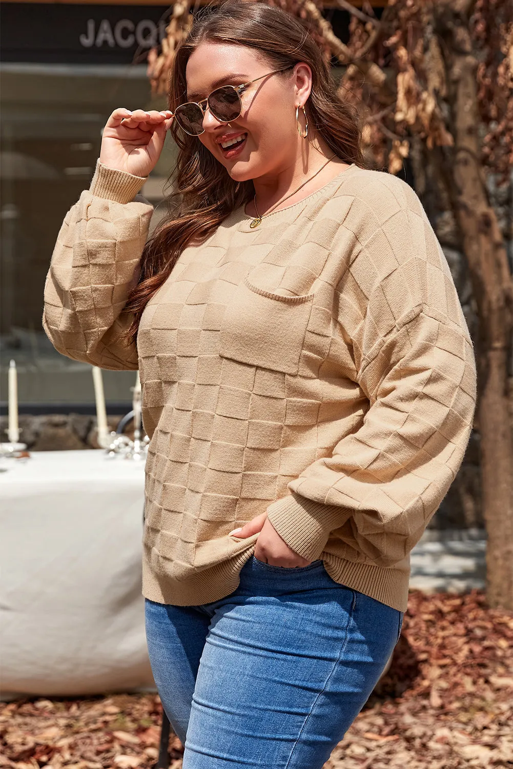 Light French Beige Solid Checkered Textured Knit Plus Size Sweater sold by Beagle Boutique product image thumbnail 3