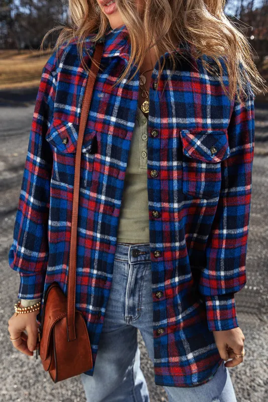 Navy Blue Plaid Flap Pocket Button Up Shacket sold by Beagle Boutique