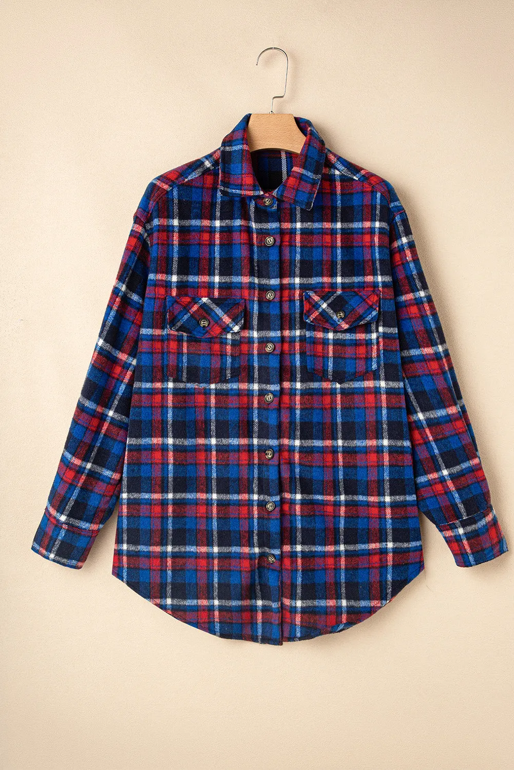 Navy Blue Plaid Flap Pocket Button Up Shacket sold by Beagle Boutique product image thumbnail 3