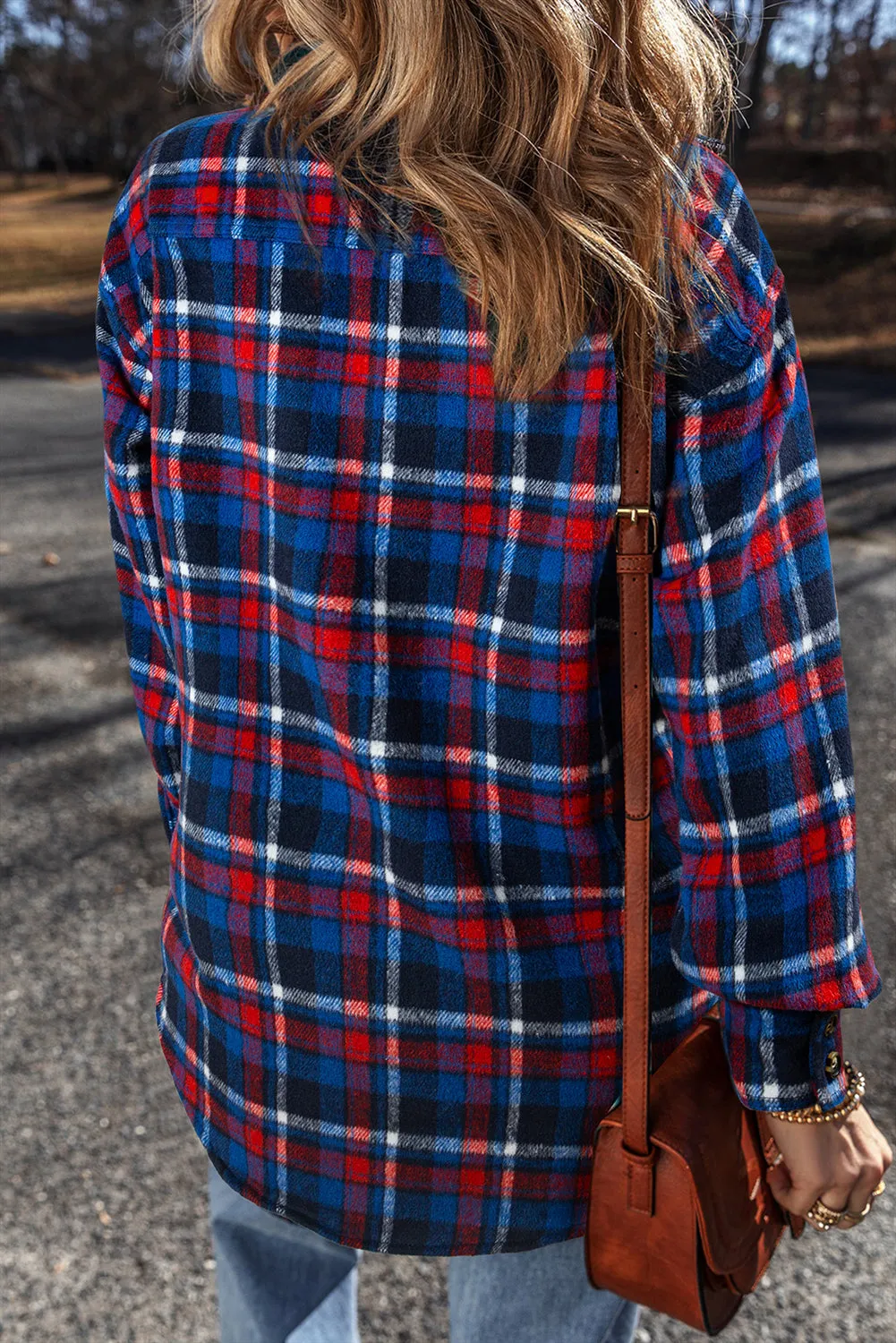 Navy Blue Plaid Flap Pocket Button Up Shacket sold by Beagle Boutique product image thumbnail 2