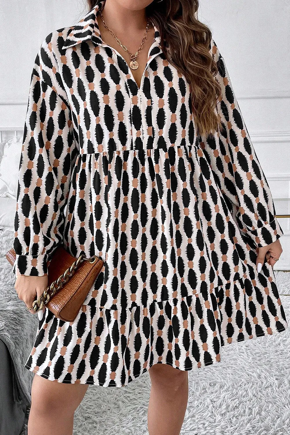 Apricot Geometric Print Collared V Neck Plus Size Mini Dress sold by Beagle Boutique product image thumbnail 4