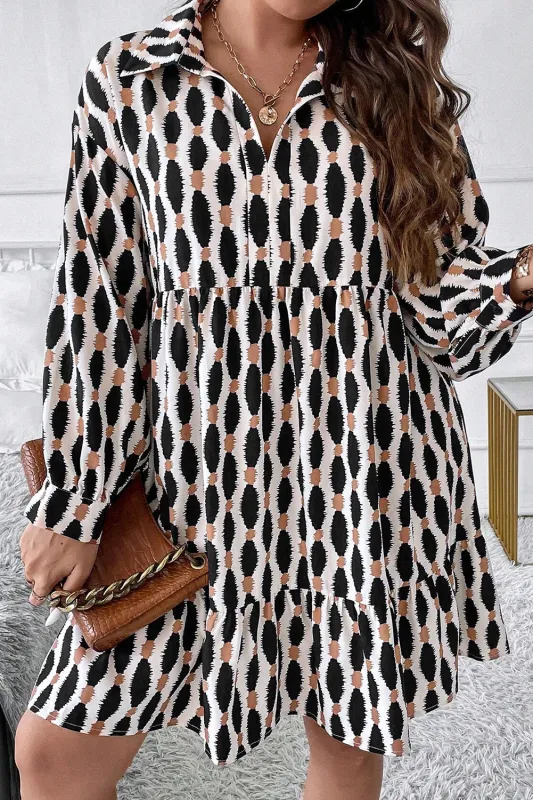 Apricot Geometric Print Collared V Neck Plus Size Mini Dress made by eAura