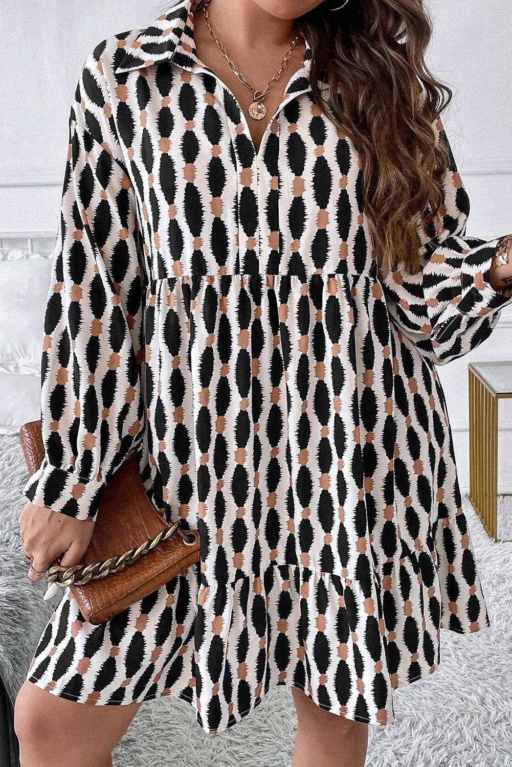 Apricot Geometric Print Collared V Neck Plus Size Mini Dress sold by Beagle Boutique