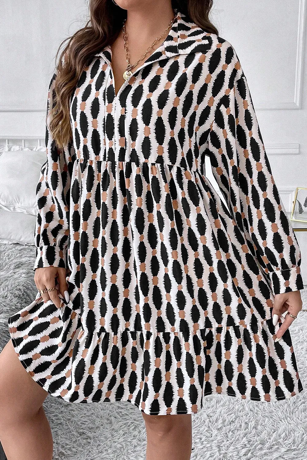 Apricot Geometric Print Collared V Neck Plus Size Mini Dress sold by Beagle Boutique product image thumbnail 3