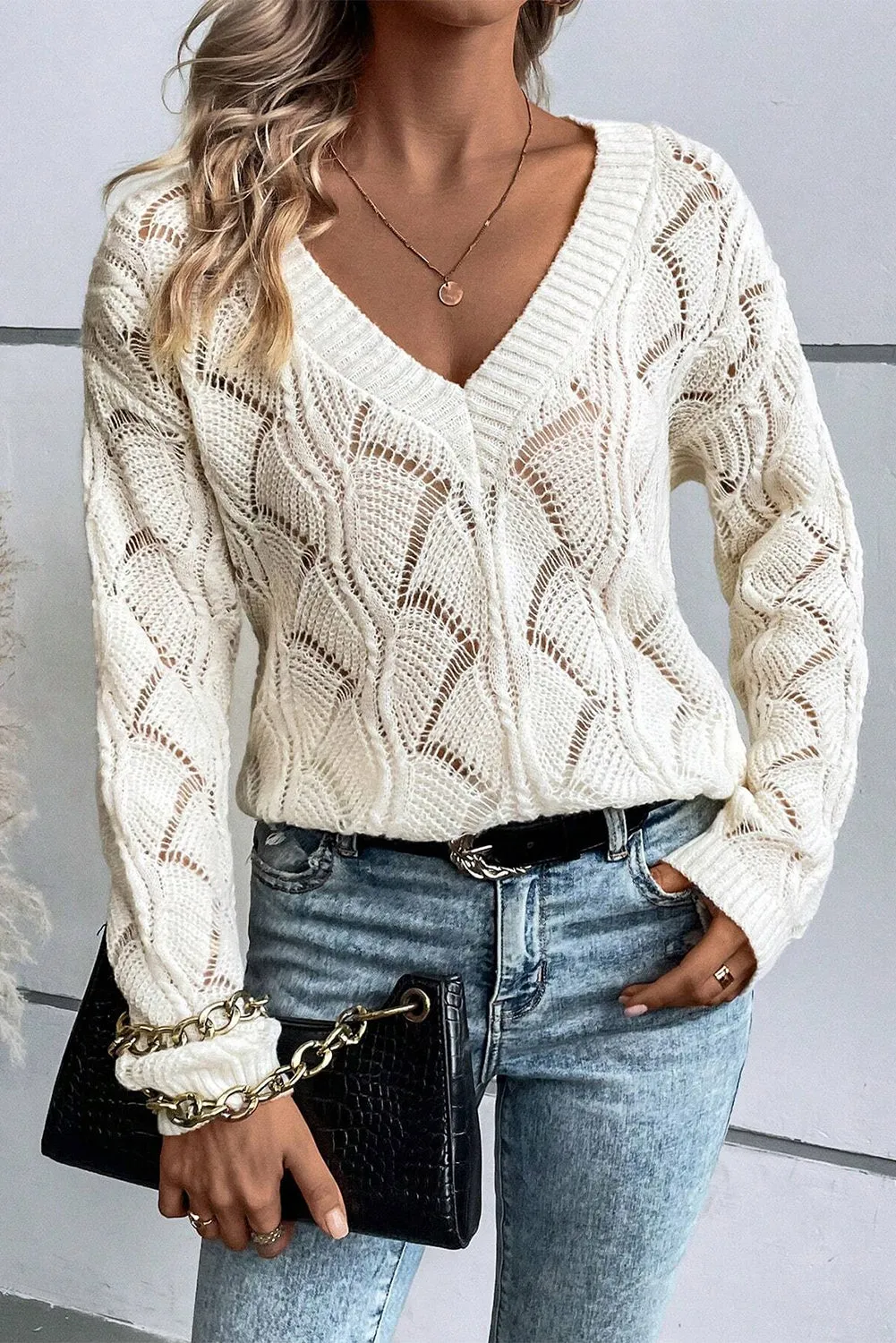 Beige Hollow Out Knit V Neck Drop Shoulder Sweater sold by Beagle Boutique product image thumbnail 5