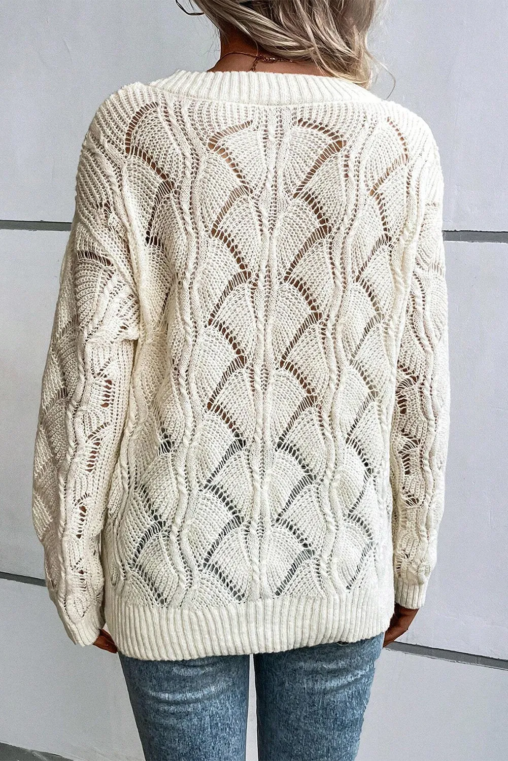 Beige Hollow Out Knit V Neck Drop Shoulder Sweater sold by Beagle Boutique product image thumbnail 2