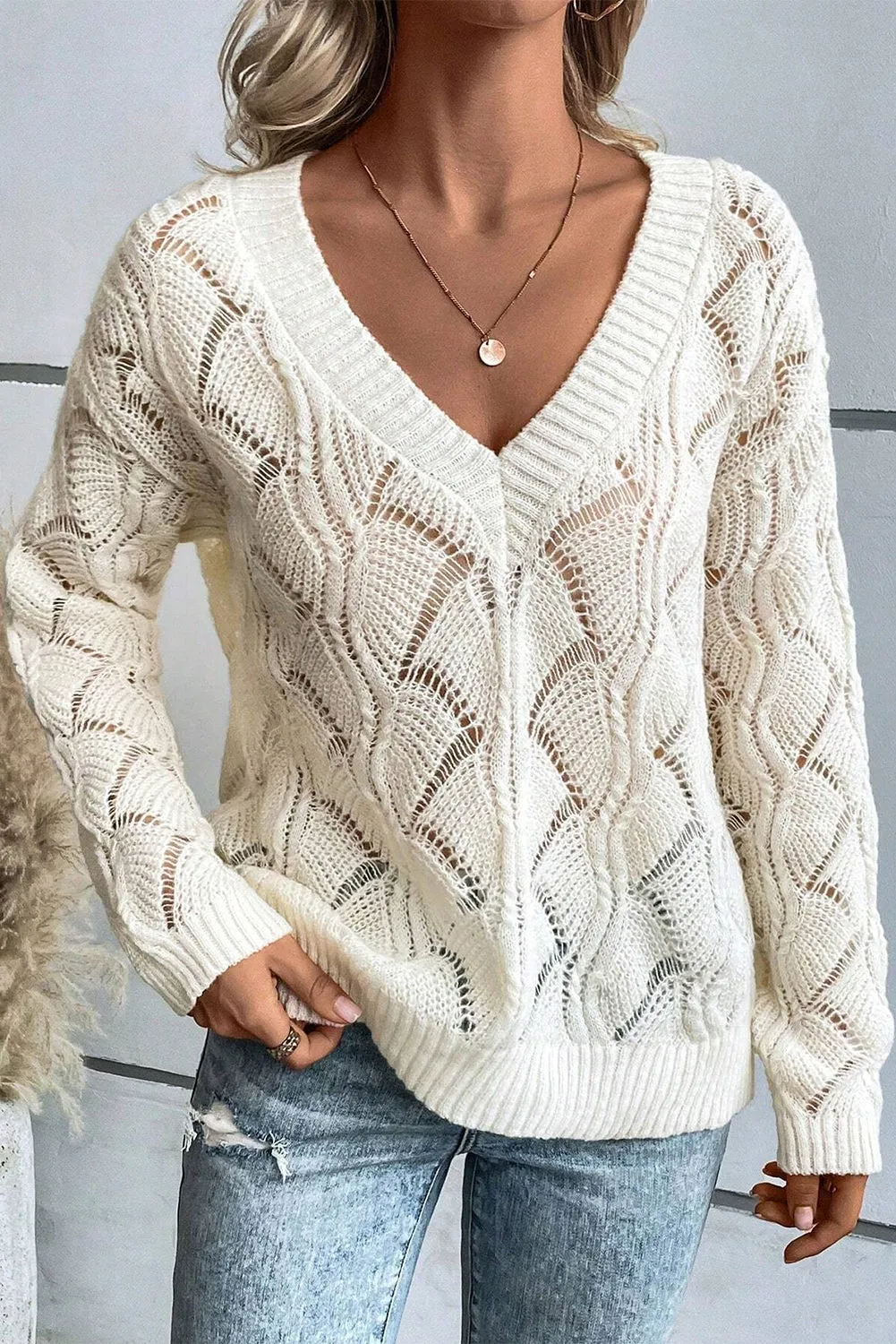 Beige Hollow Out Knit V Neck Drop Shoulder Sweater sold by Beagle Boutique product image thumbnail 4