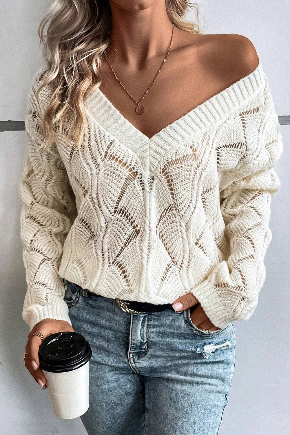 Beige Hollow Out Knit V Neck Drop Shoulder Sweater sold by Beagle Boutique