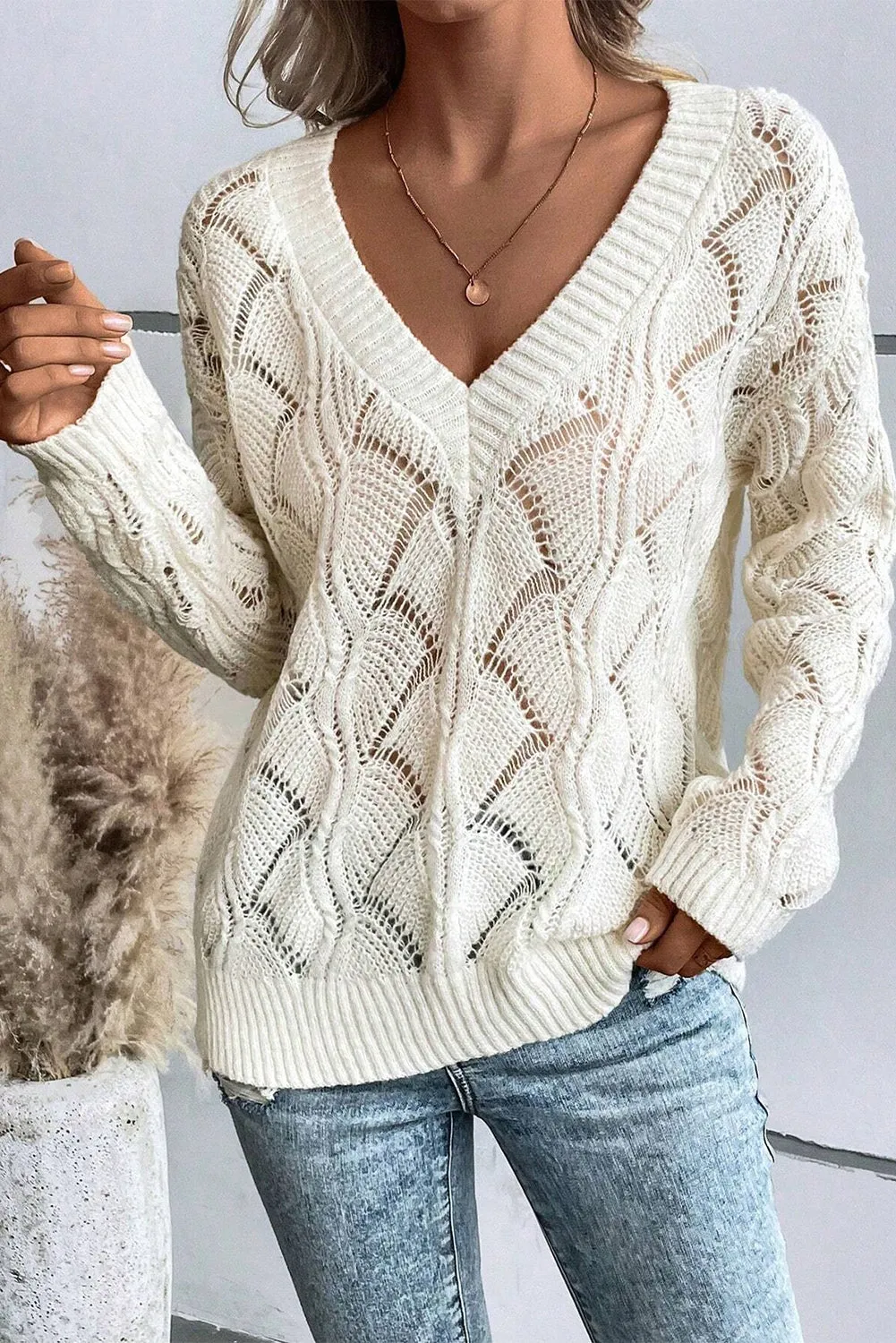 Beige Hollow Out Knit V Neck Drop Shoulder Sweater sold by Beagle Boutique product image thumbnail 3