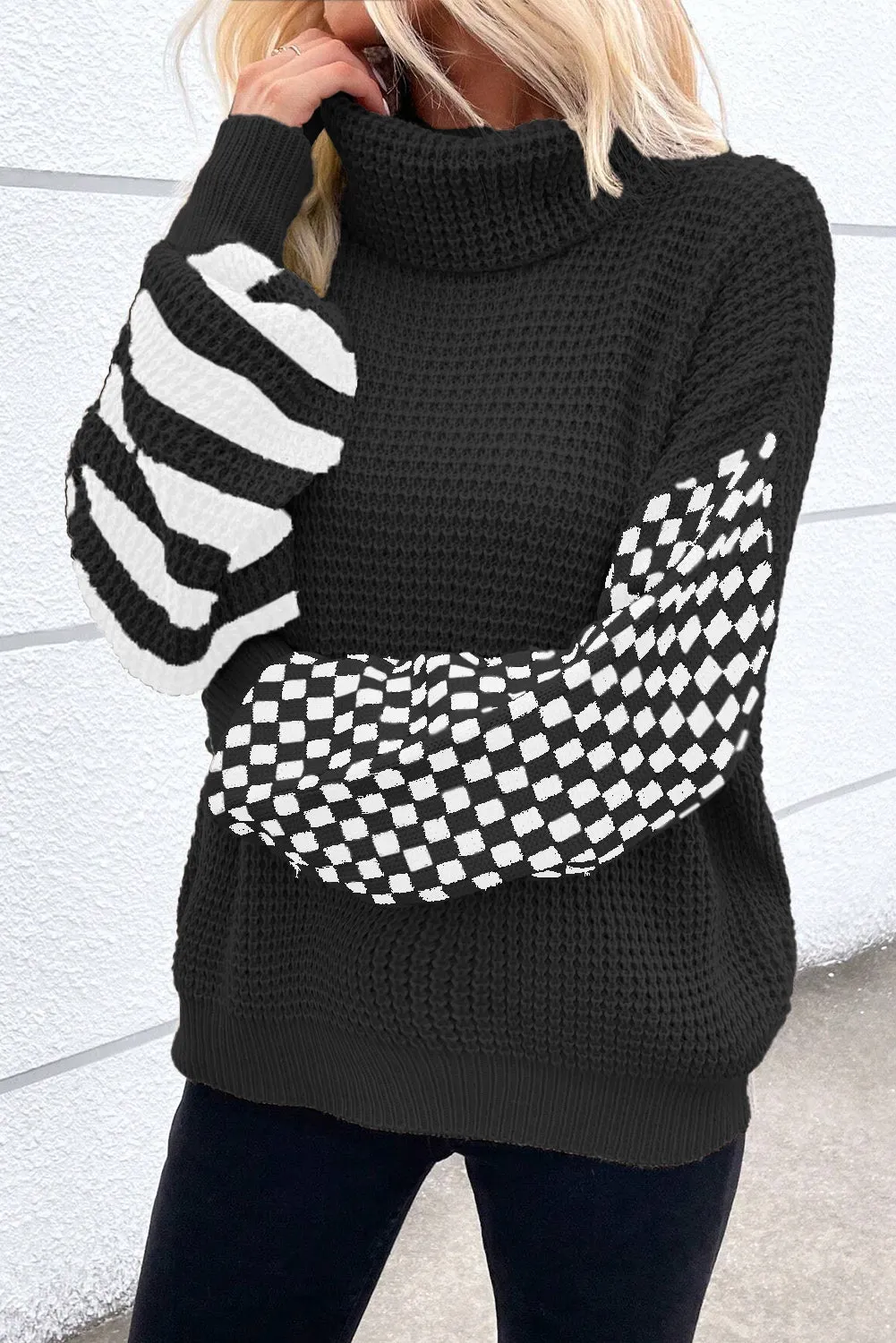 Black Striped Plaid Patchwork Waffle Knit Turtleneck Sweater sold by Beagle Boutique product image thumbnail 3